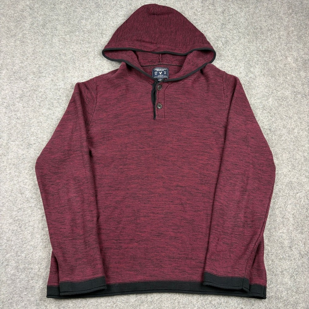 Y2K American Eagle Hoodie Mens Large Burgundy Marled Henley Pullover Sweater 00s